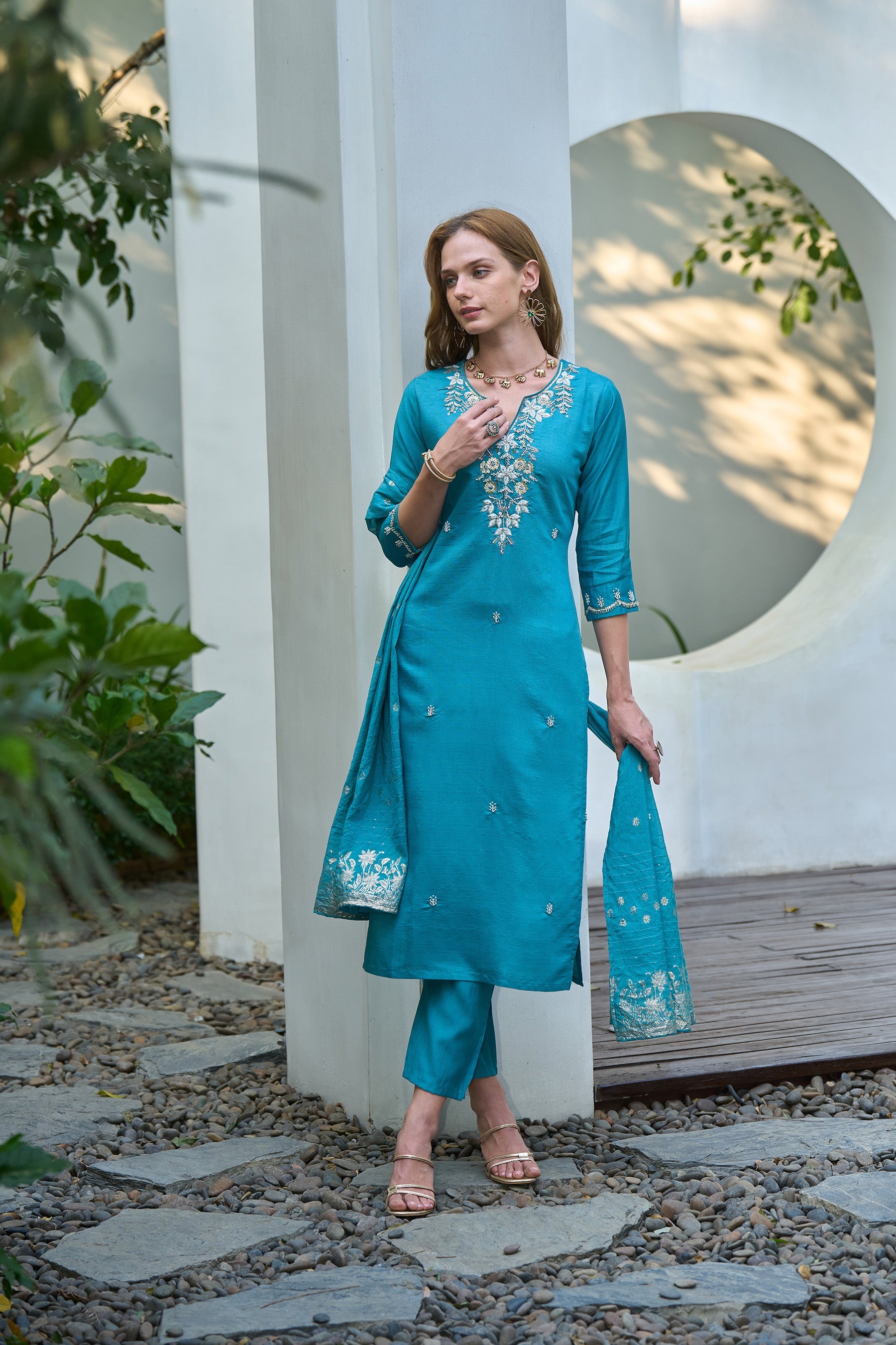 Blue Embroidered Neck Vatican Kurti Set with Chanderi Jacquard  Dupatta